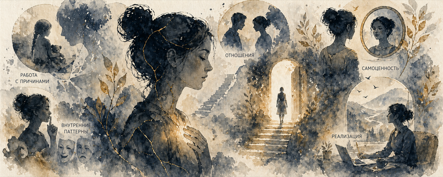Иллюстрация глубокой терапии, отношений и внутренних паттернов